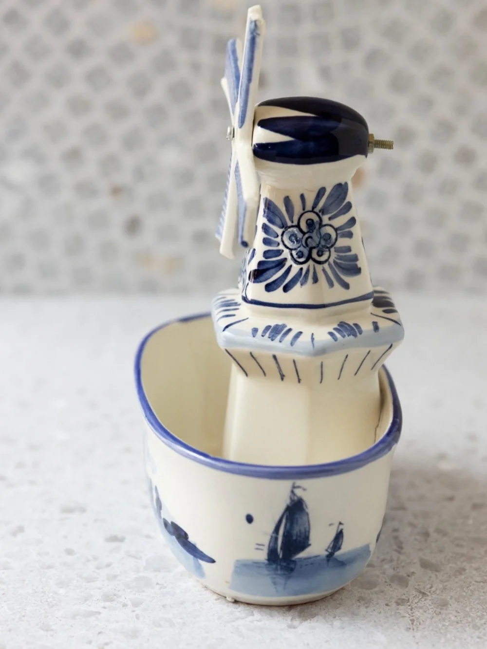 Vintage Delft-style Blue White Ceramic Windmill Planter 7